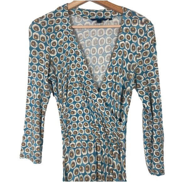Boden Fixed Wrap Jersey Printed 3/4 Sleeves Midi Dress Size 10 R Blue Yellow Dot - Picture 4 of 14